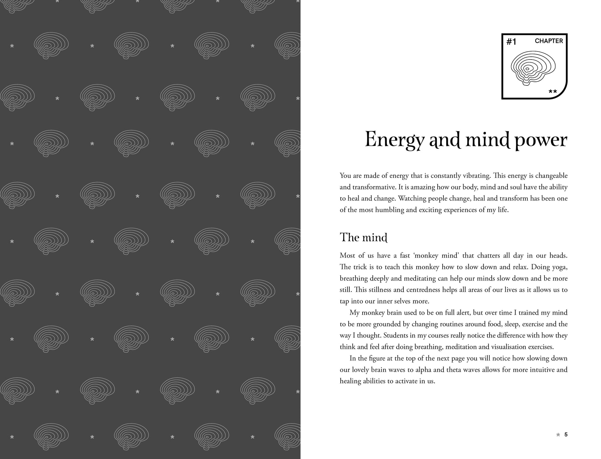 Book page with text on energy and mind power against a patterned background