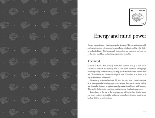 Book page with text on energy and mind power against a patterned background