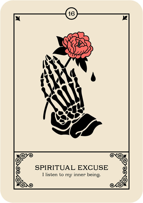 Oracle card spiritual excuse of skeleton hands holding a rose on a beige background.  