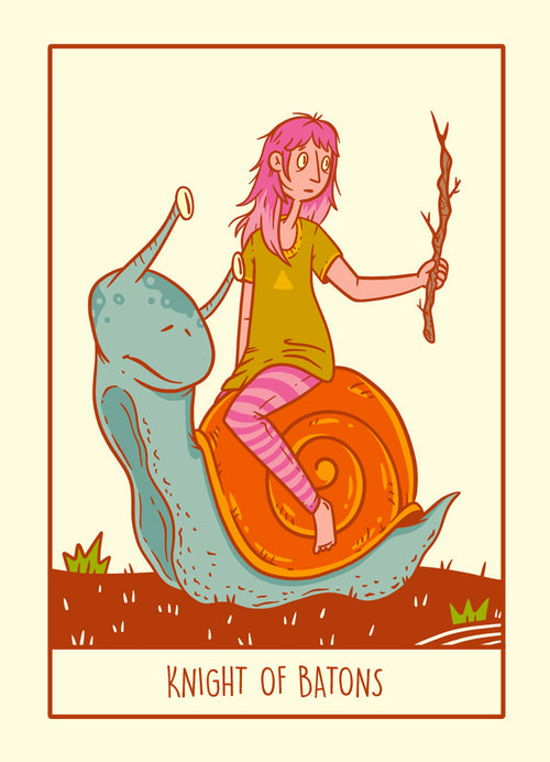 Illustration of a person riding a snail with a branch, labeled 'Knight of Batons'.