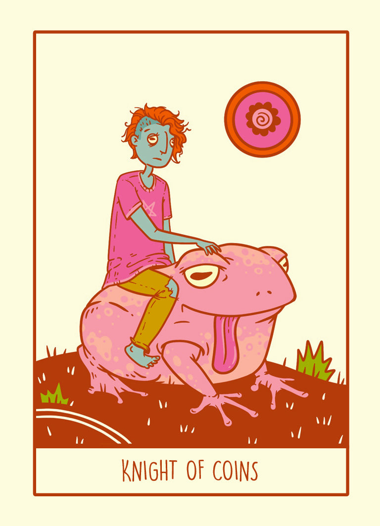 Illustration of a person riding a pink creature with a red circle and text 'Knight of Coins' on a beige background.