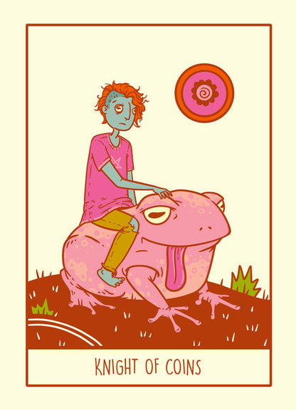 Illustration of a person riding a pink creature with a red circle and text 'Knight of Coins' on a beige background.