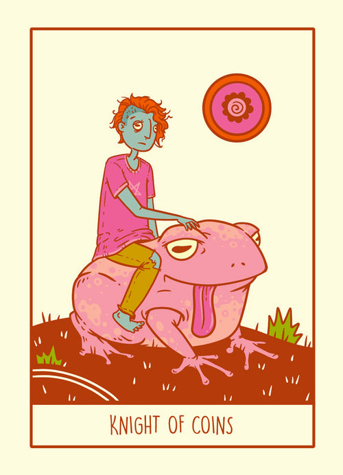 Illustration of a person riding a pink creature with a red circle and text 'Knight of Coins' on a beige background.