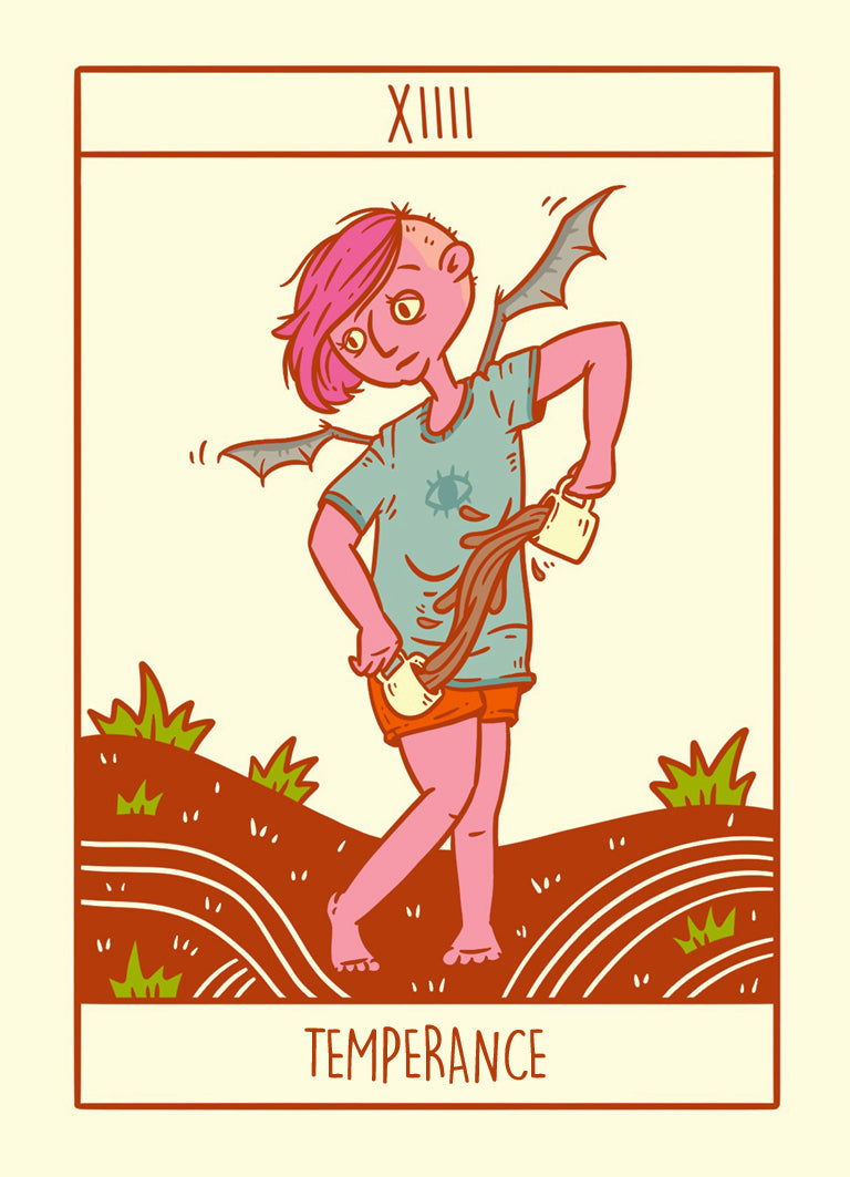 Tarot card illustration titled 'Temperance' with a stylized character holding a fish and a bag.