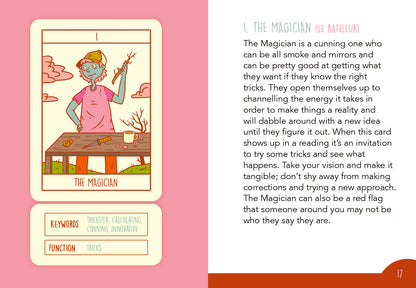 Card from a tarot deck with an illustration of 'The Magician' and descriptive text on a pink background.