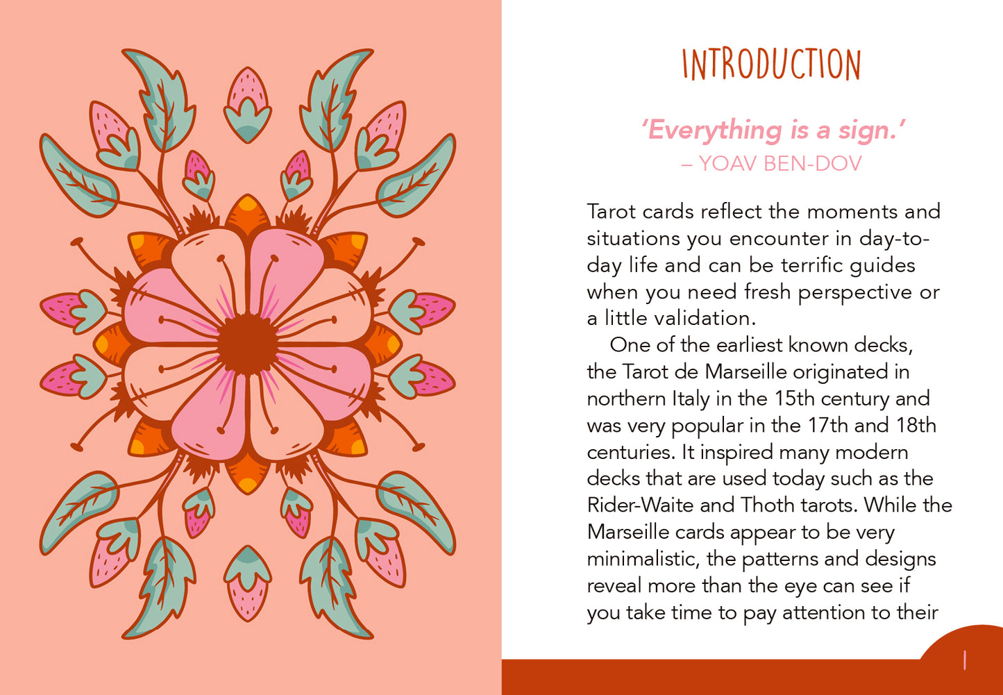 Book open to a page with a pink floral design on a pink background and text on a white background.