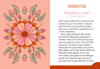 Book open to a page with a pink floral design on a pink background and text on a white background.