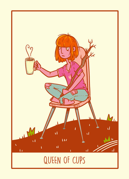 Illustration of a person with red hair sitting on a chair holding a cup with a heart, labeled 'Queen of Cups'.