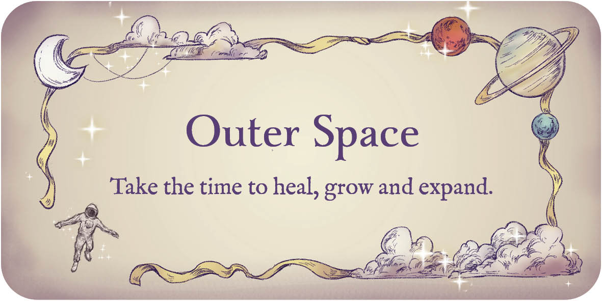 Decorative card with space-themed elements and inspirational text on a beige background.