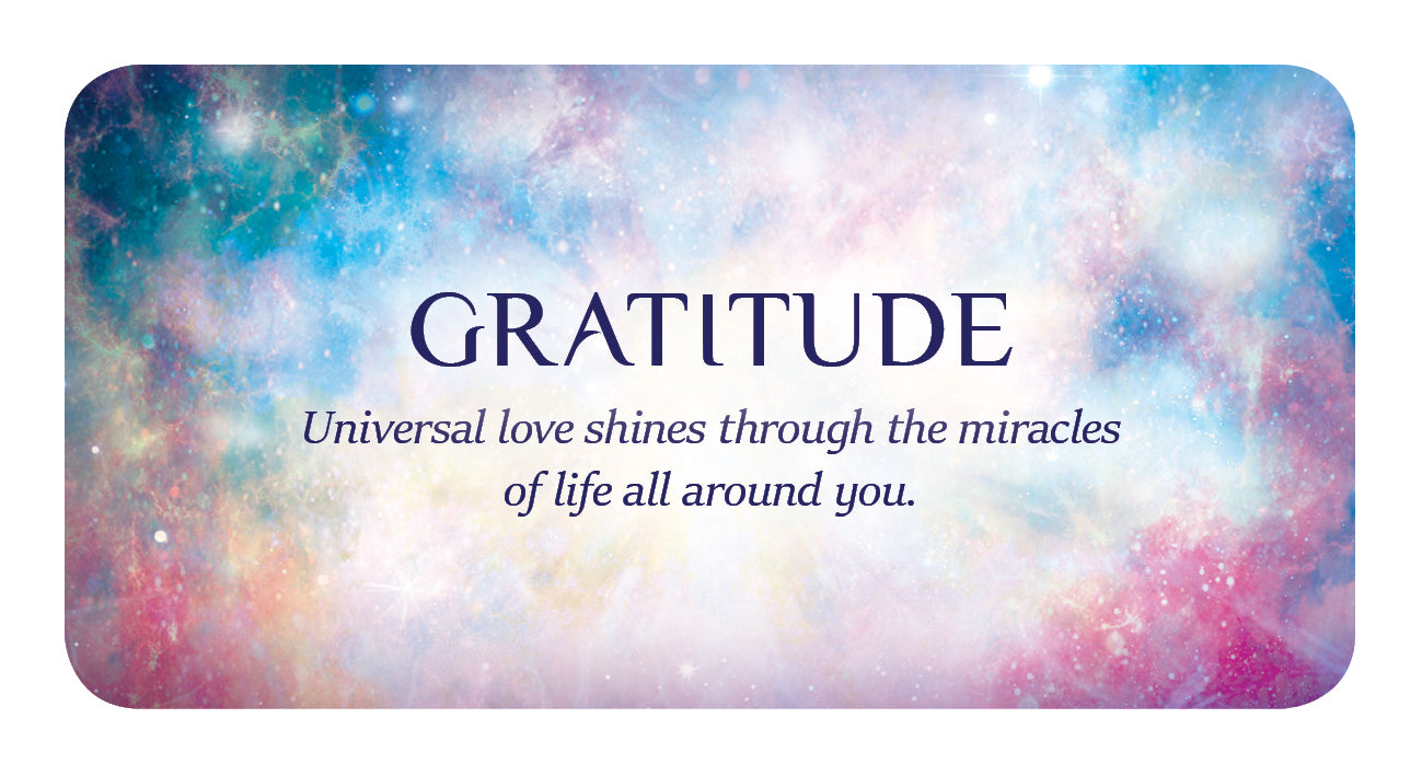Colorful cosmic background with 'GRATITUDE' text and inspirational quote.