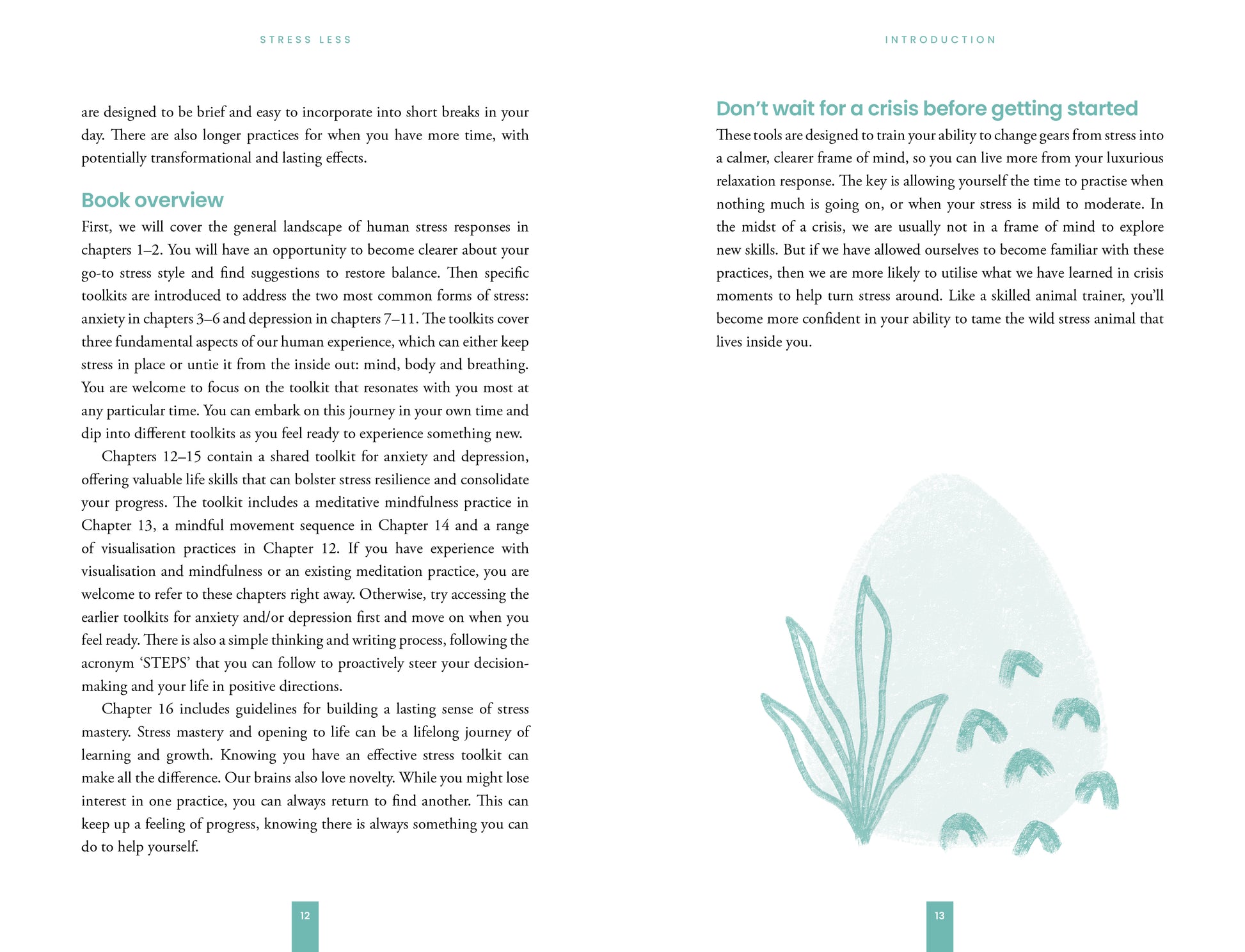 Book pages with text and a nature illustration on a white background