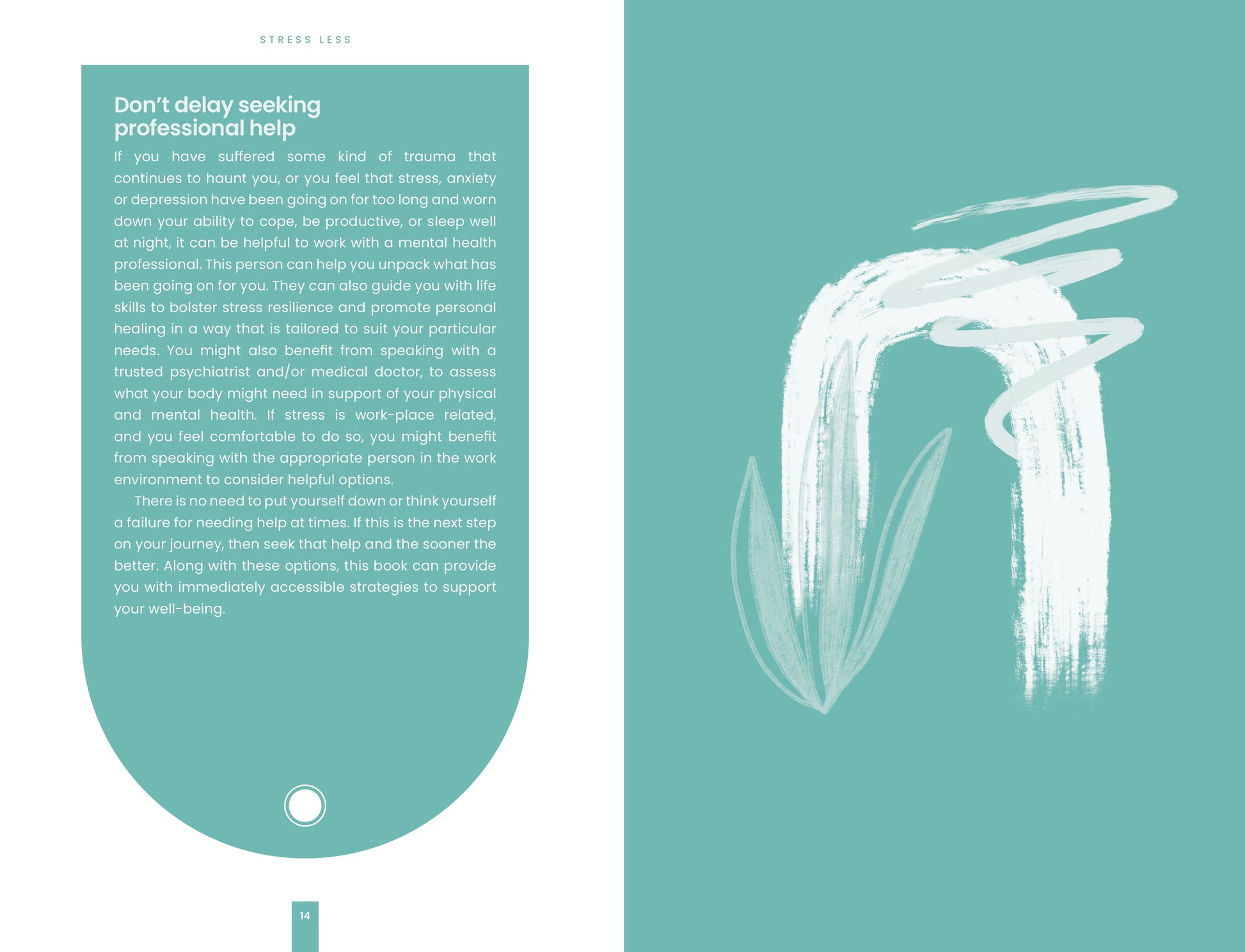 Teal page with text and white abstract design on a light blue background