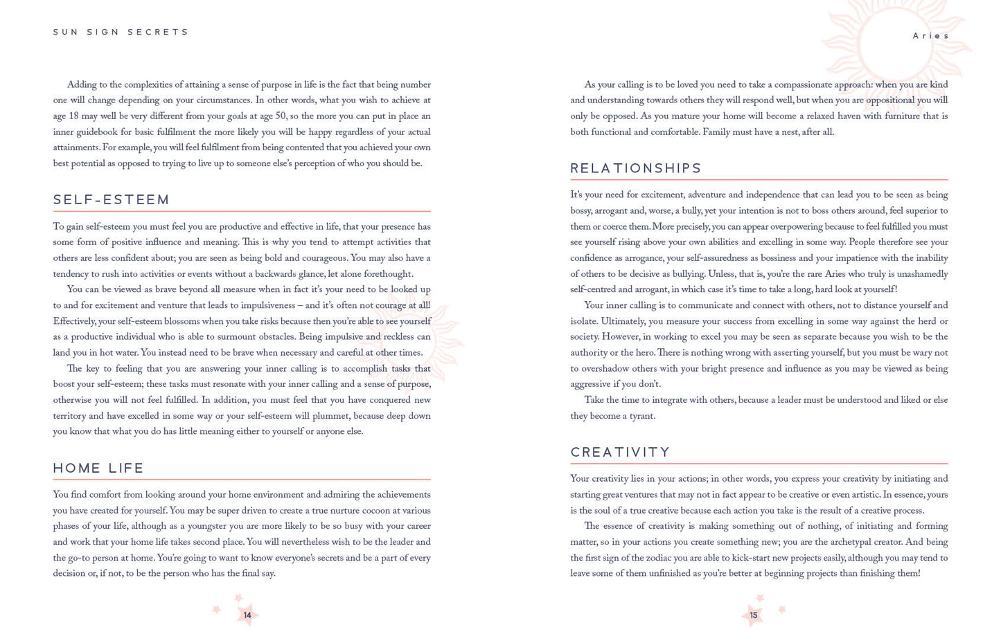 Open book with text on self-esteem, relationships, home life, and creativity