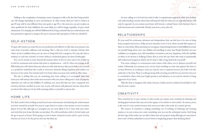 Open book with text on self-esteem, relationships, home life, and creativity