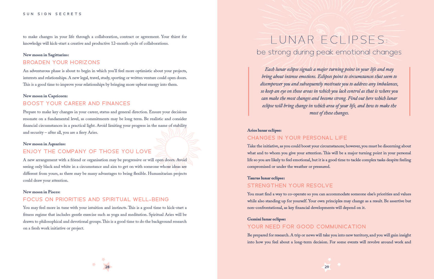 Page from a book or magazine with text on lunar eclipses and horoscope advice.