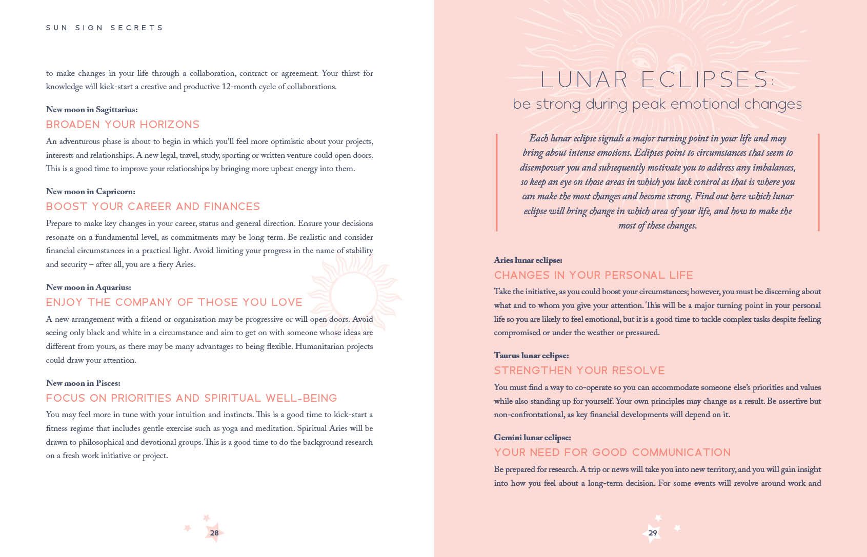 Page from a book or magazine with text on lunar eclipses and horoscope advice.