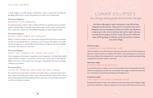 Page from a book or magazine with text on lunar eclipses and horoscope advice.