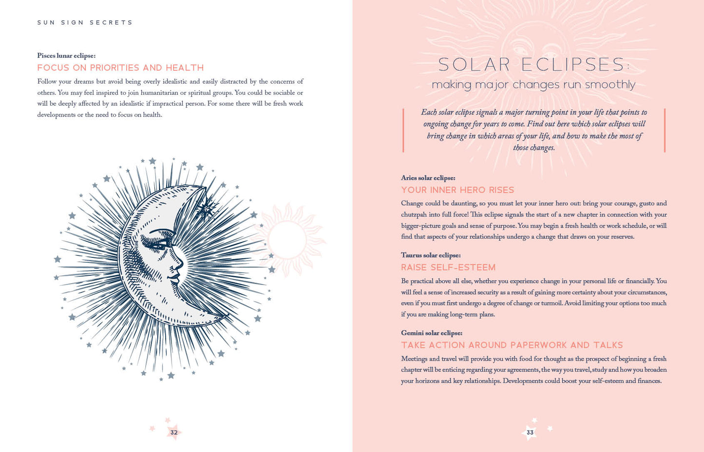 Astrology-themed page with celestial design and text on a pink background
