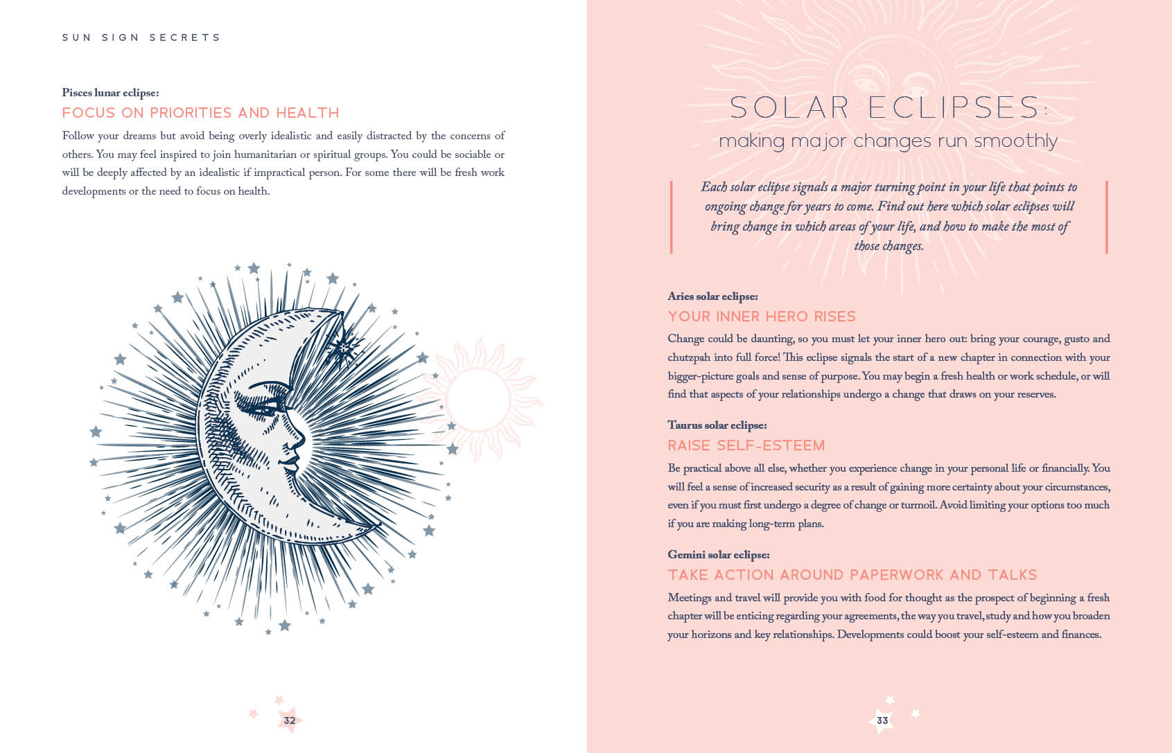 Astrology-themed page with celestial design and text on a pink background
