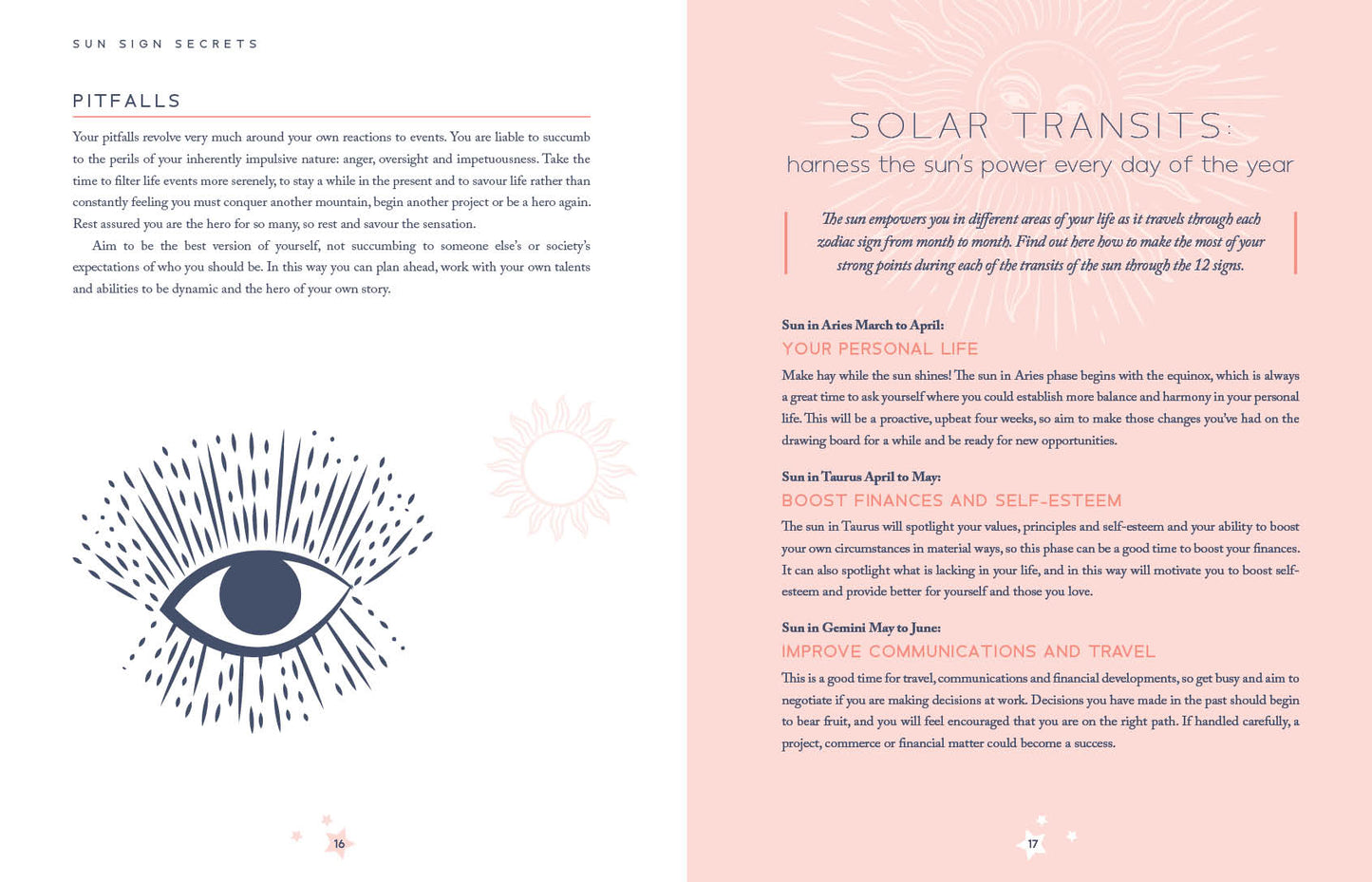 Astrology-themed page with text and an eye illustration on a pink background