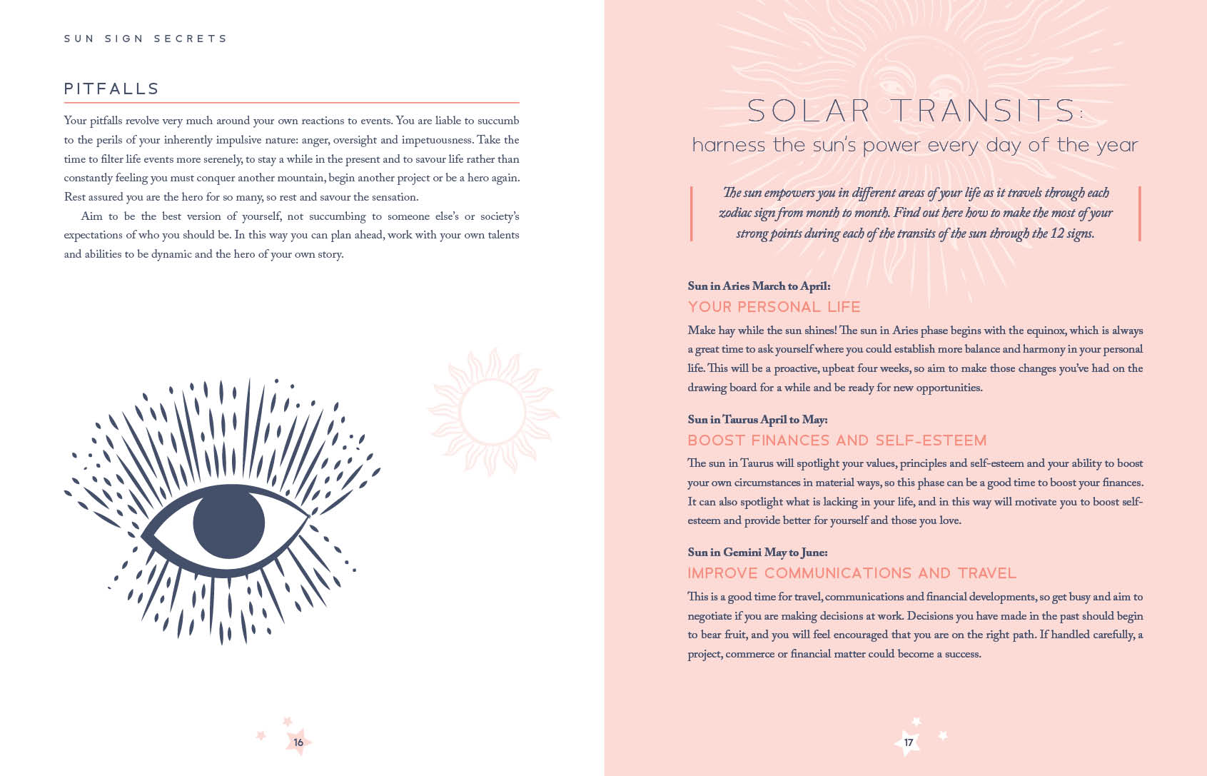 Astrology-themed page with text and an eye illustration on a pink background