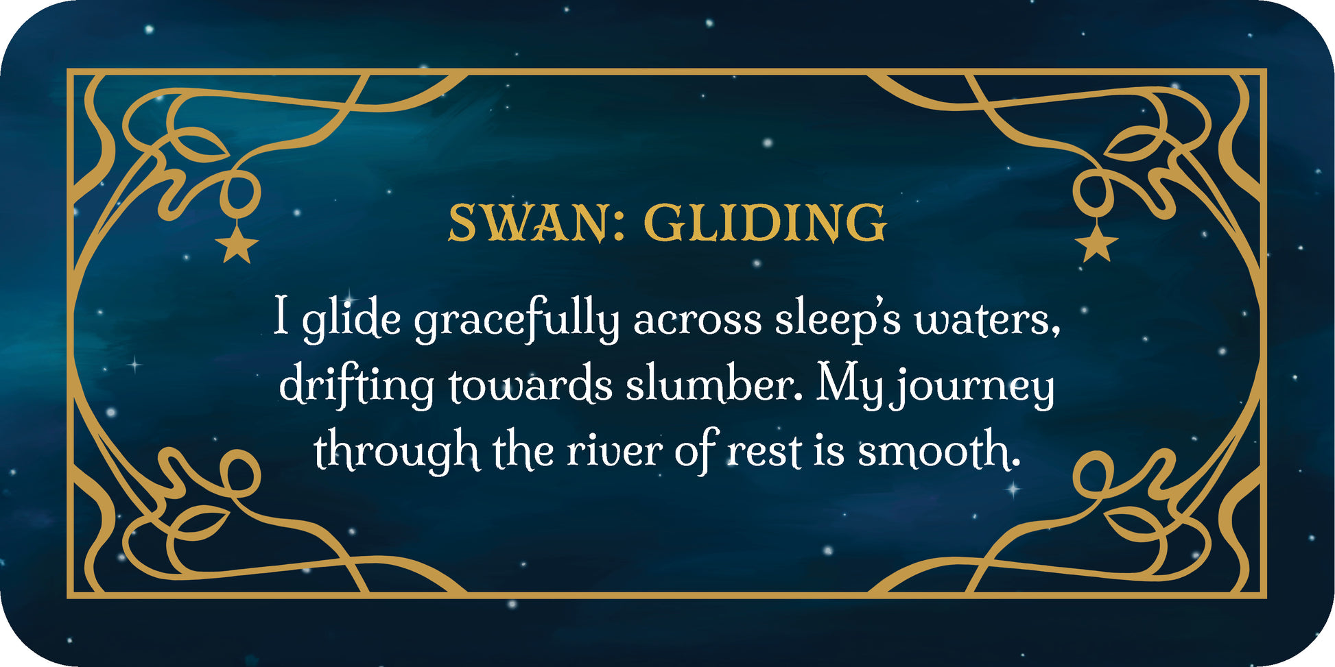 Decorative card with text about a swan gliding across sleep's waters on a dark blue background.
