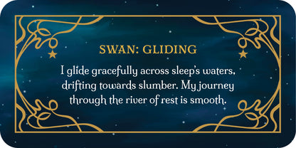 Decorative card with text about a swan gliding across sleep's waters on a dark blue background.