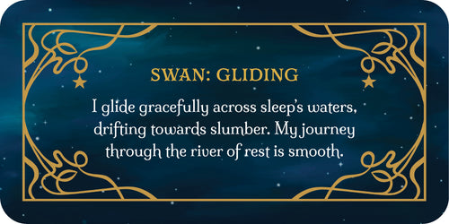 Decorative card with text about a swan gliding across sleep's waters on a dark blue background.