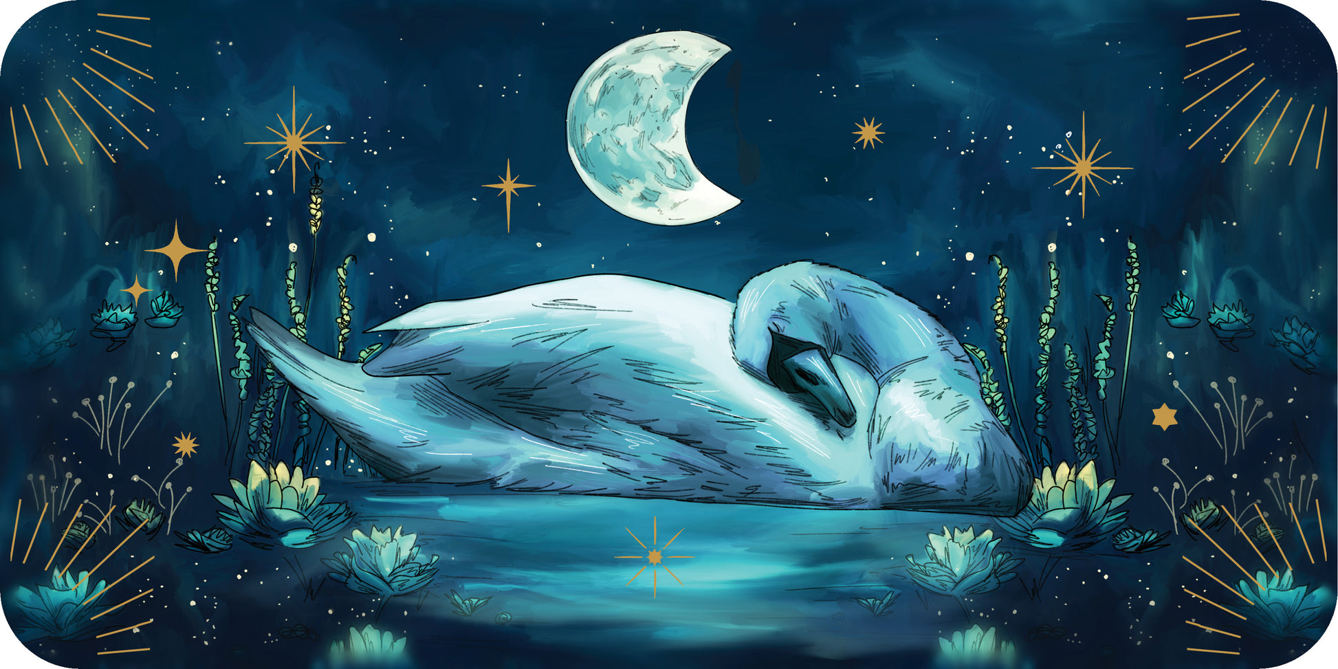 Illustration of swan sleeping on a moonlit night with stars and plants Sleeping Spirits mini deck by Helena Elias