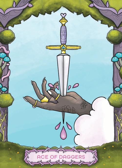 Card featuring a hand with a dagger, surrounded by nature elements, with 'Ace of Daggers' text at the bottom.