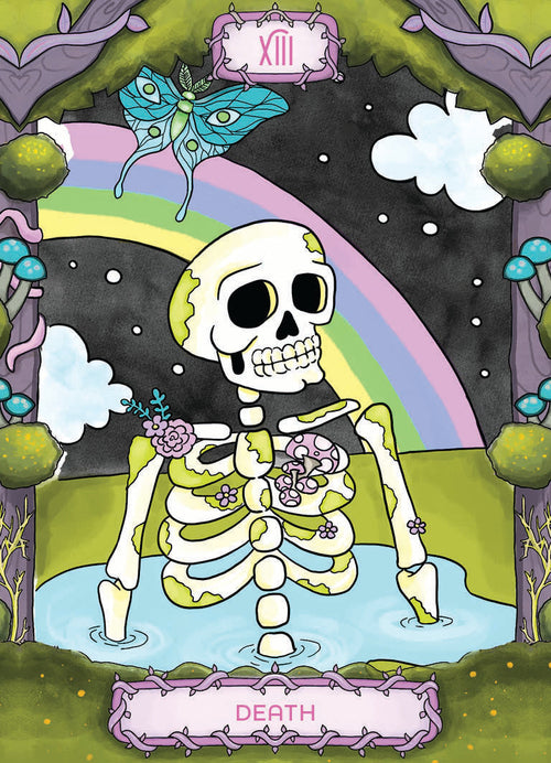 Cartoon skeleton with flowers in a colorful, fantasy-style setting