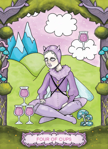 Cartoon character in a purple outfit sitting in a whimsical forest with 'Four of Cups' text.