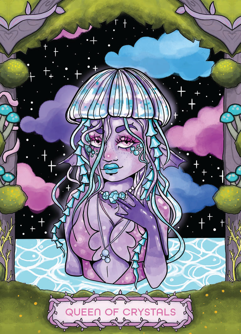 Illustration of a character named 'Queen of Crystals' in a fantasy setting with trees and stars.