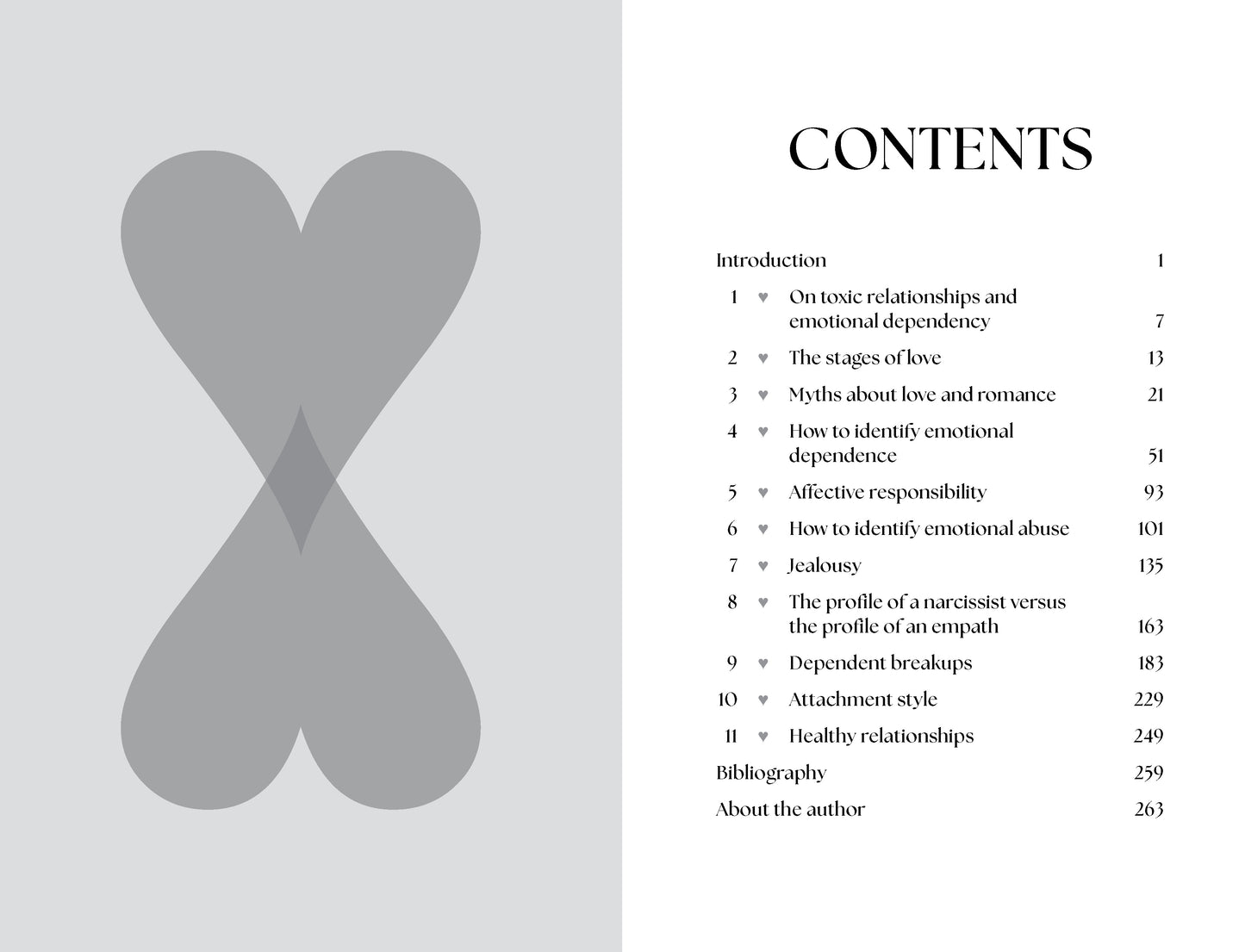 Table of contents for a book on relationships with a gray 'X' symbol on a light gray background.