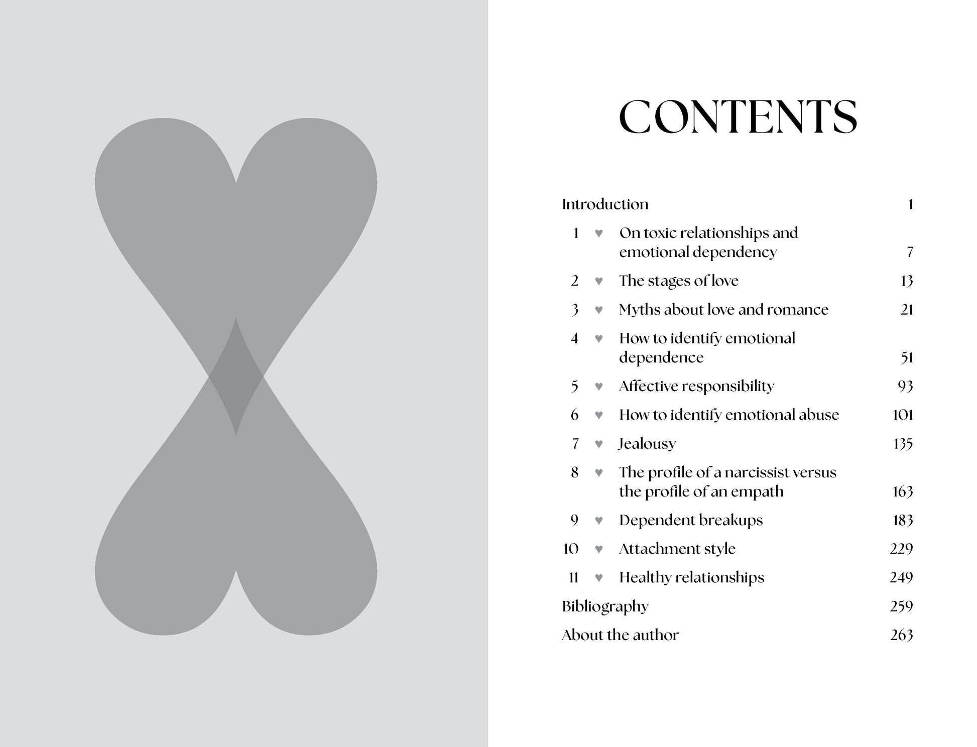 Table of contents for a book on relationships with a gray 'X' symbol on a light gray background.
