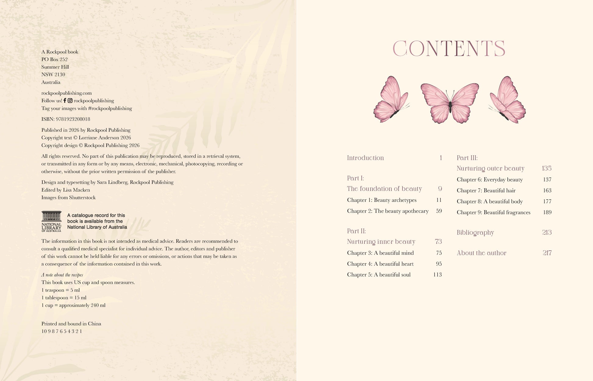 Book table of contents with butterfly illustrations on a beige background