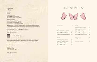 Book table of contents with butterfly illustrations on a beige background