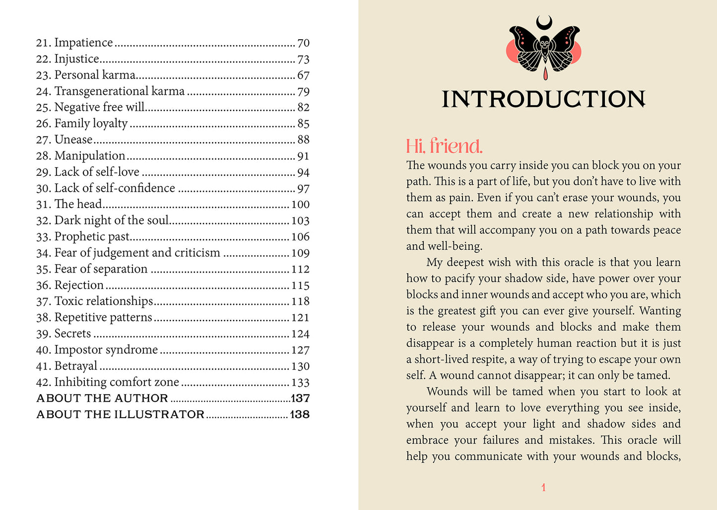 Table of contents and introduction page from a book or guide with a butterfly illustration on a beige background.