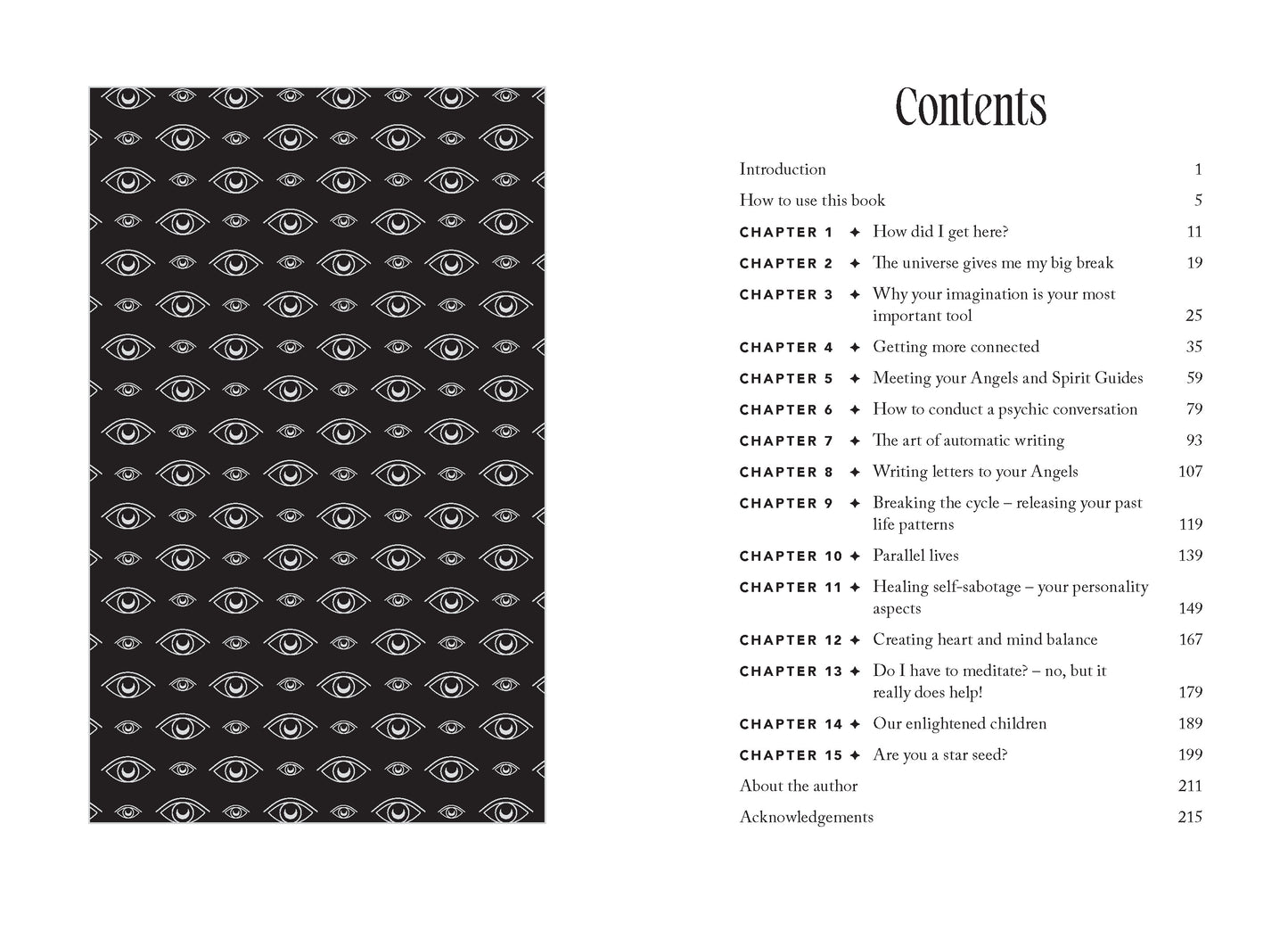 Table of contents page with eye pattern on the left and text on the right.