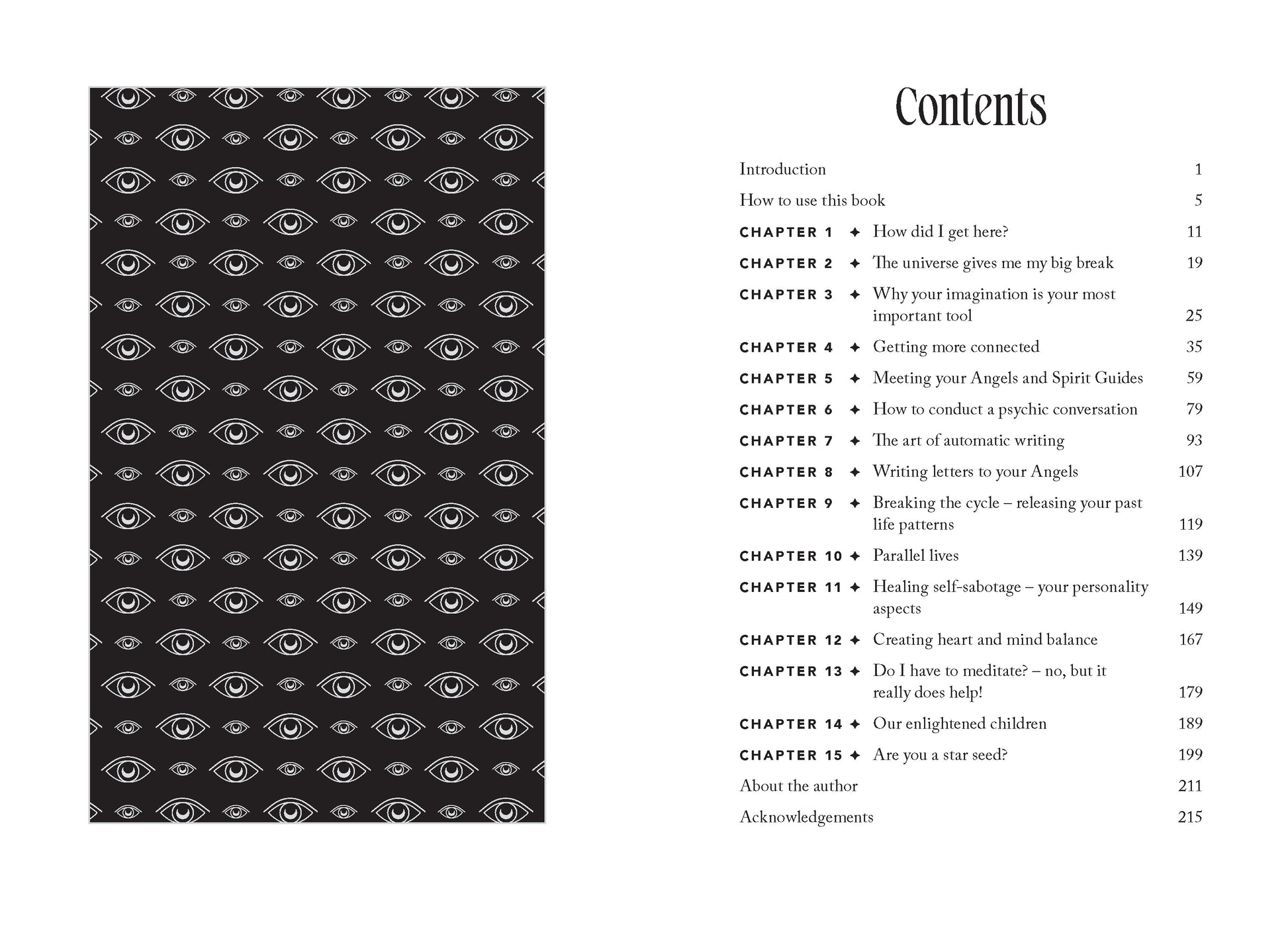 Table of contents page with eye pattern on the left and text on the right.