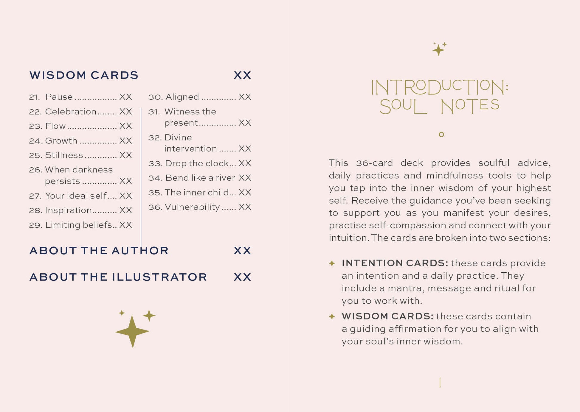 Table of contents for a wisdom card deck with sections on introduction, author, illustrator, intention cards, and wisdom cards.