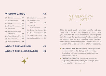 Table of contents for a wisdom card deck with sections on introduction, author, illustrator, intention cards, and wisdom cards.