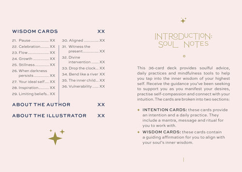 Table of contents for a wisdom card deck with sections on introduction, author, illustrator, intention cards, and wisdom cards.