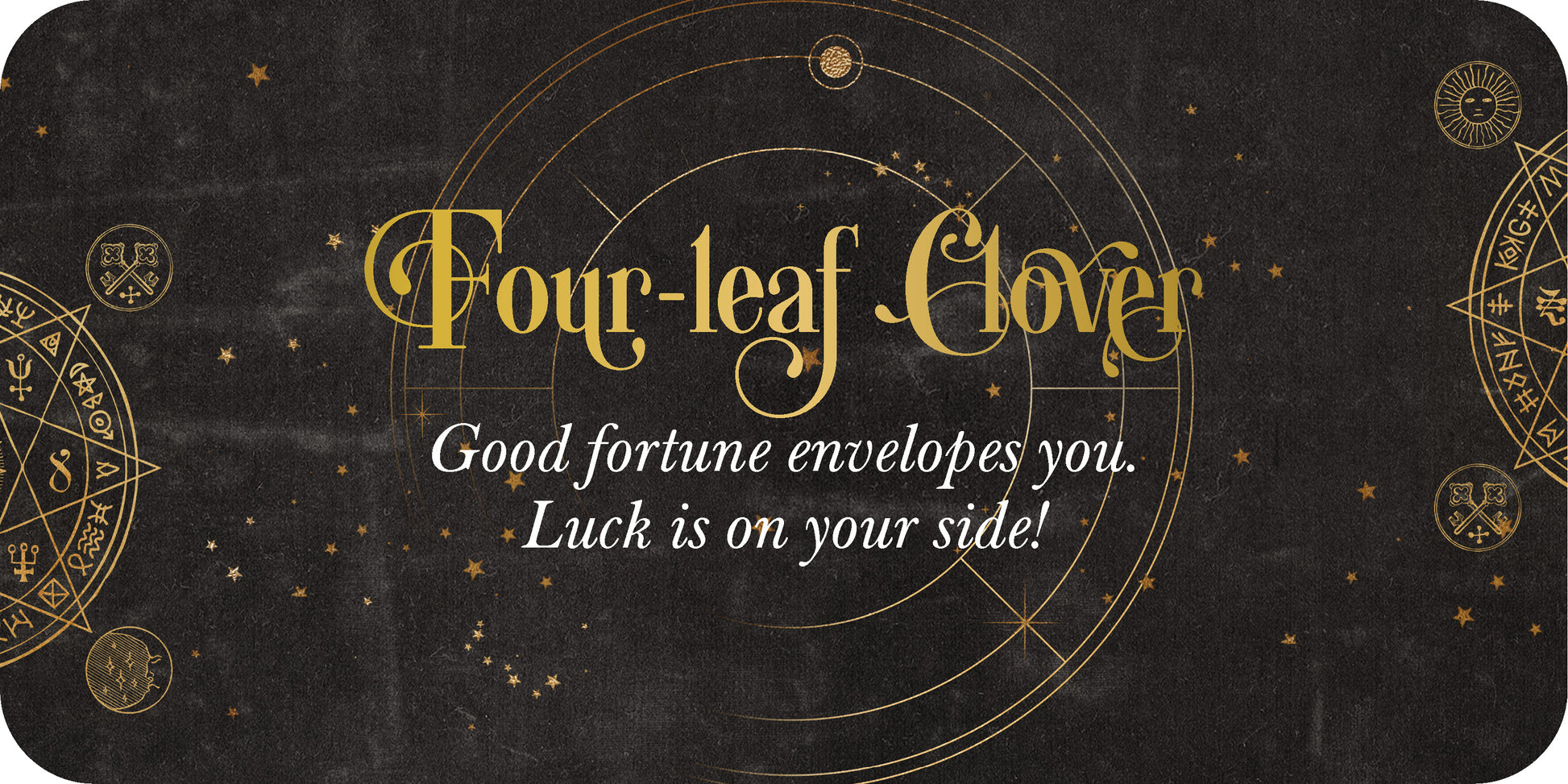 Decorative card with gold text and symbols on a black background
