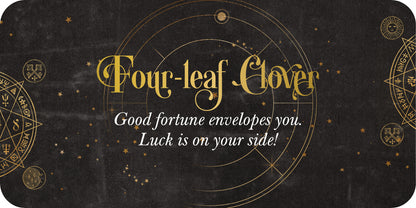 Decorative card with gold text and symbols on a black background