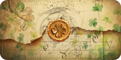 Decorative card with shamrock leaves, a wax seal, and vintage text on a beige background.