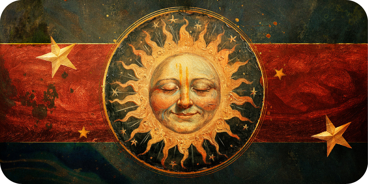 Decorative design with sun face, stars, and red banner on a dark background