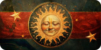 Decorative design with sun face, stars, and red banner on a dark background