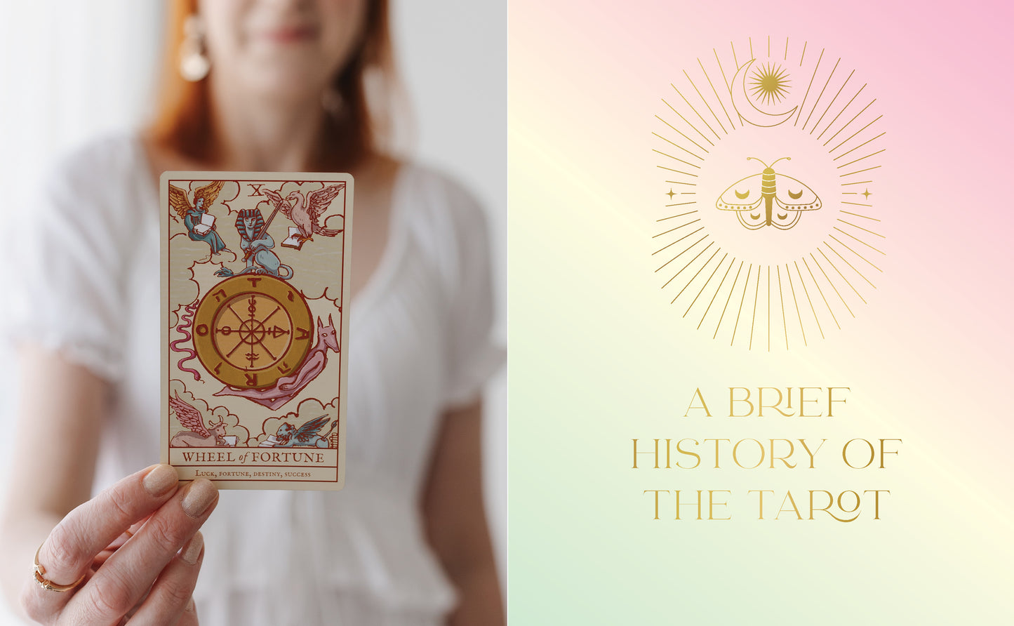 Person holding a tarot card with 'A Brief History of the Tarot' text on a soft pink background