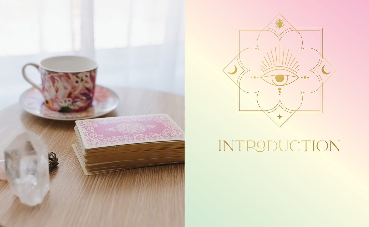 Teacup and saucer on a wooden surface with a card and crystal ball, next to an 'Introduction' graphic on a pastel gradient background.